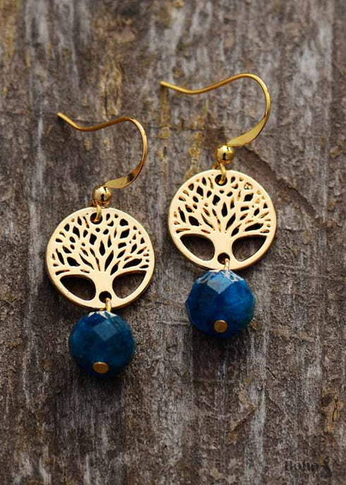 Pendientes bohemios, pendientes colgantes, árbol de la vida dorado con apatita azul